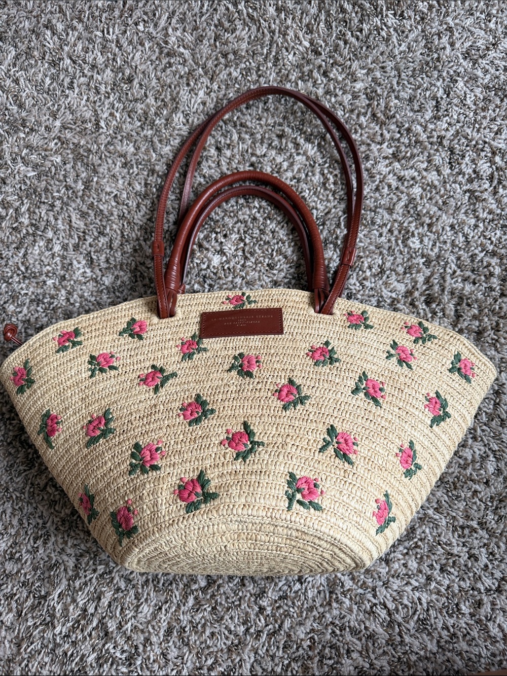 Sezane Natural Straw Tote with Pink Rose Embroidery and Brown Handles
